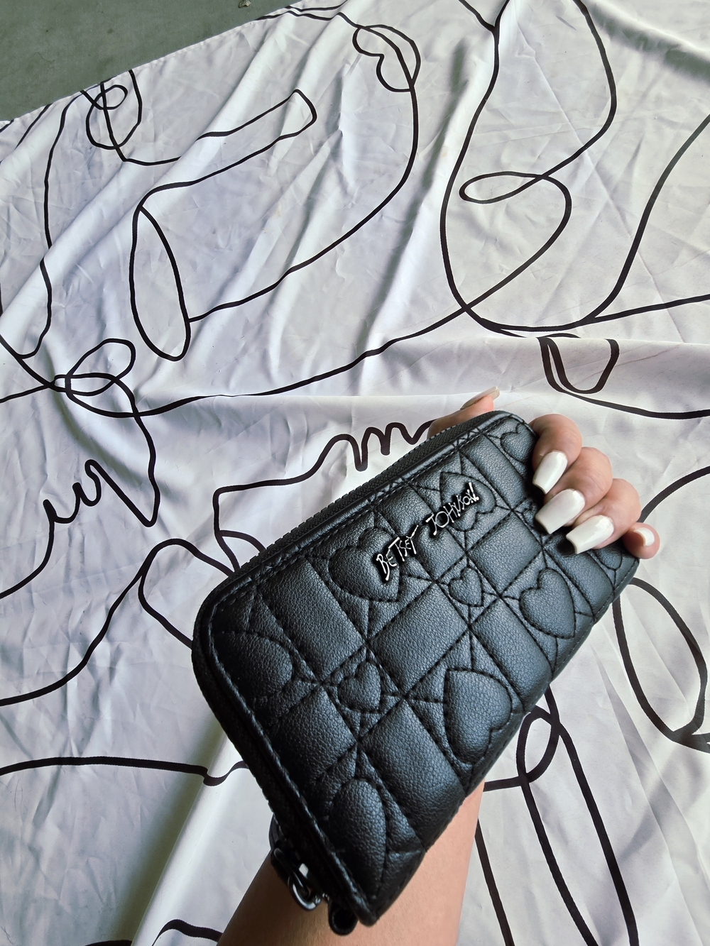 Betsey Johnson Black Quilted Heart Zip-Around Wallet